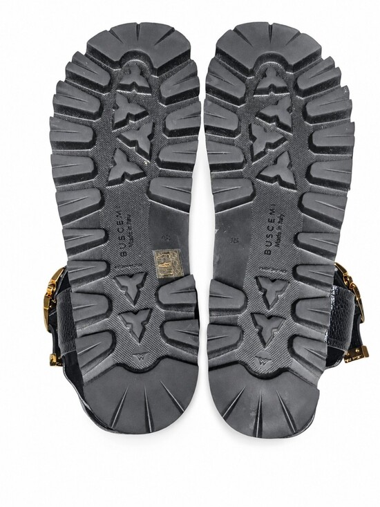 BUSCEMI | Black Leather Lug Sole Sandals Gold Buckle EU 48 US 15 main image 8